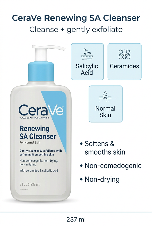 CeraVe Renewing SA Cleanser salicylic acid, ceramides and normal skin benefit guide