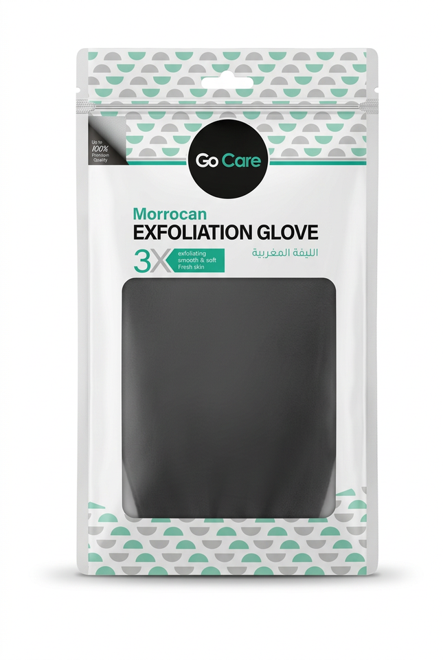 Go Care Moroccan Exfoliation Glove pouch on white with price sticker removed