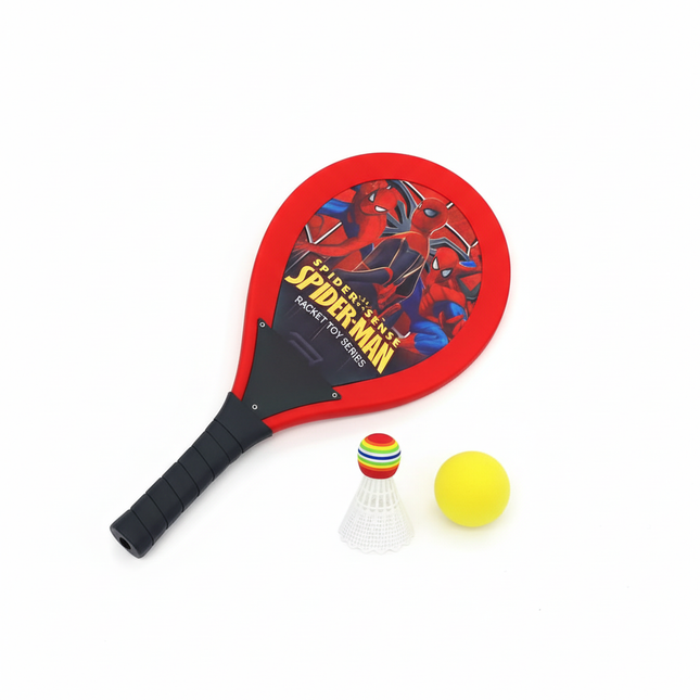 Spiderman tennis racket with shuttlecock and ball