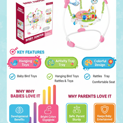 Baby jumper benefits and features infographic