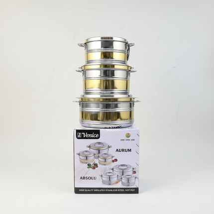 Venice AURUM insulated stainless steel hotpot set - 3 pieces stacked on box