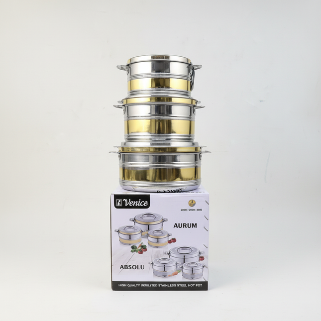 Venice AURUM insulated stainless steel hotpot set - 3 pieces stacked on box