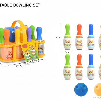 Small portable bowling set with colorful pins and dimensions