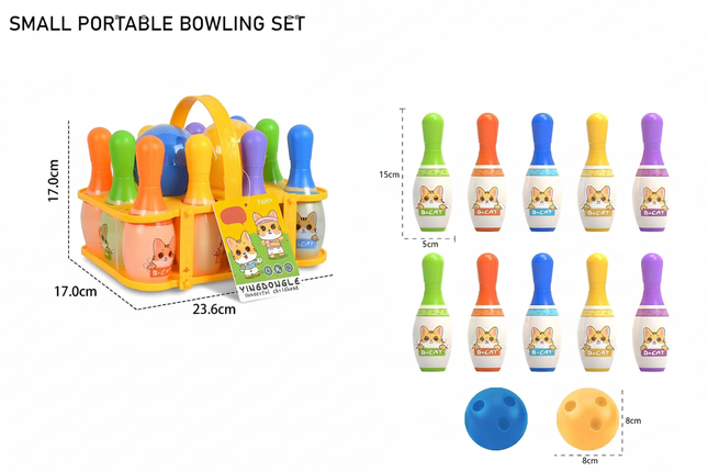 Small portable bowling set with colorful pins and dimensions