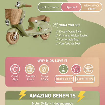 Vespa with basket benefits and features infographic