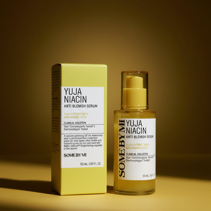 SOME BY MI Yuja Niacin Anti Blemish Serum olive editorial shot