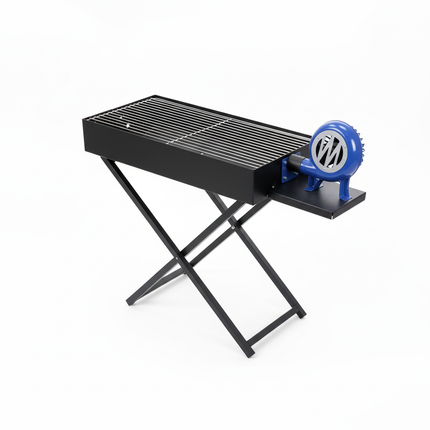 Portable folding charcoal BBQ grill with chrome grate and X-leg stand