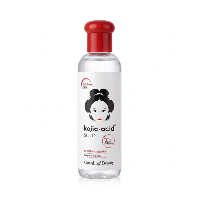 GuanJing Beauty Kojic Acid Skin Oil clear bottle with red cap on white
