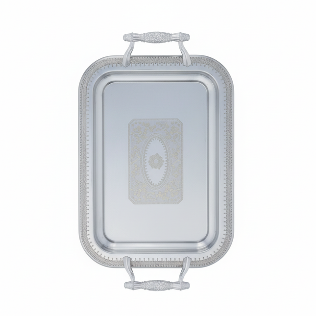 Ornate silver serving tray with decorative handles and engraved pattern