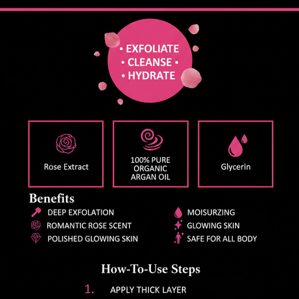 Jardin d'Oléane Rose Body Scrub branded infographic with ingredients and benefits