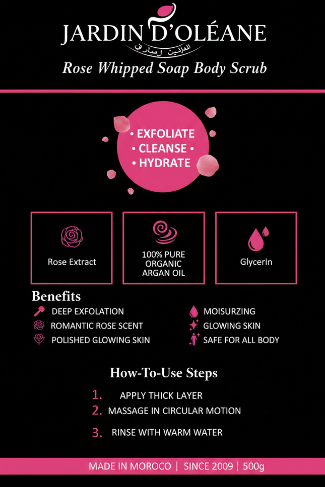 Jardin d'Oléane Rose Body Scrub branded infographic with ingredients and benefits