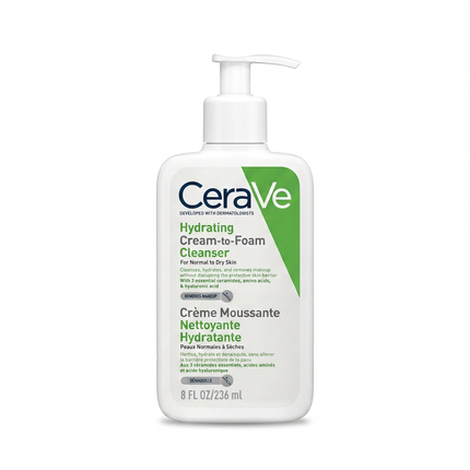 CeraVe Hydrating Cream-to-Foam Cleanser 236 ml with white pump on white background
