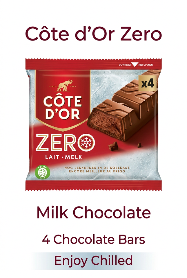 Côte d’Or Zero milk chocolate four-bar pack, enjoy chilled
