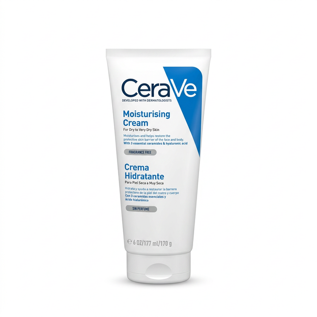 CeraVe Moisturising Cream 177 ml tube with shop sticker removed on white background