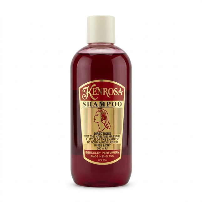 Kenrosa shampoo bottle with ivory cap and gold label on white background