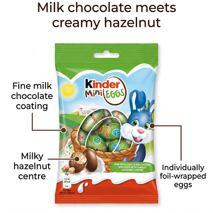 Kinder Mini Eggs infographic showing milk chocolate and hazelnut centre