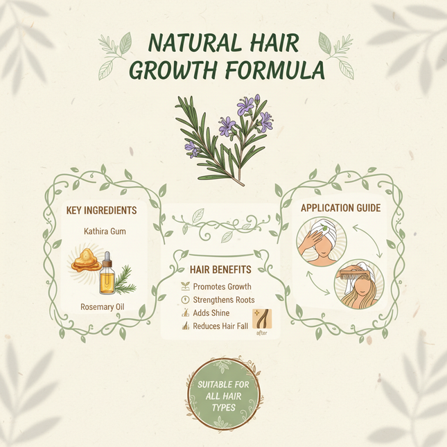 Kathira Rosemary hair treatment benefits - Natural growth and strengthening properties infographic