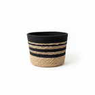 Single handwoven storage basket with natural jute base and black white striped pattern