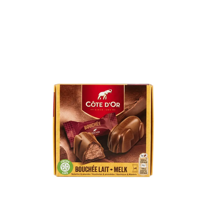 Côte d’Or Bouchée Milk Chocolates 100g four-piece gold box on white background