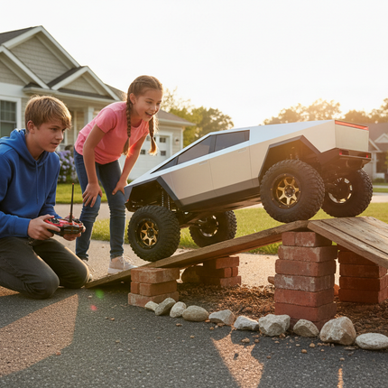 Siblings Playing with Tesla Cybertruck R/C Car