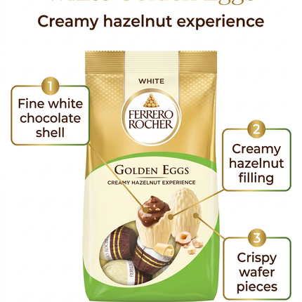 Ferrero Rocher White Golden Eggs infographic showing shell, filling and wafer pieces