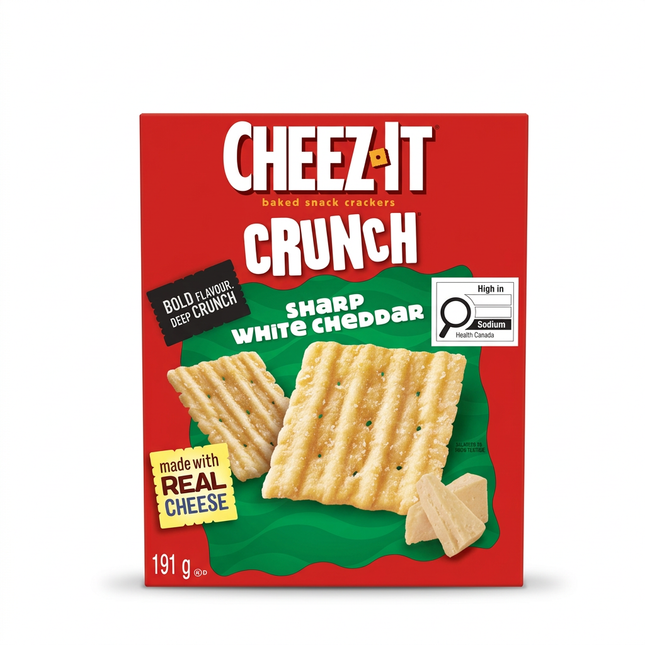 Cheez-It Crunch Sharp White Cheddar crackers 191 g box on white background