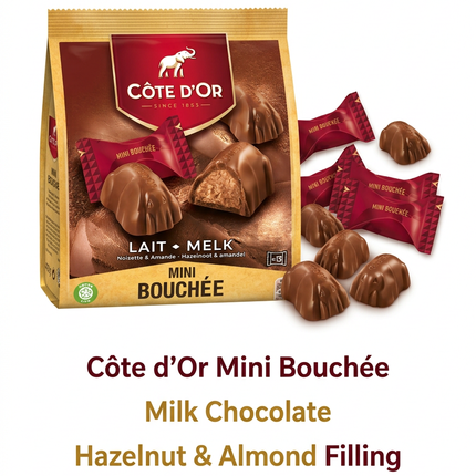 Côte d’Or Mini Bouchée milk chocolates with hazelnut and almond filling, approximately 13 individually wrapped pieces