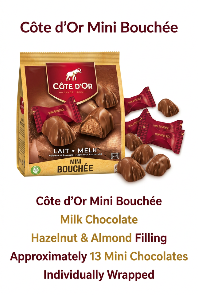 Côte d’Or Mini Bouchée milk chocolates with hazelnut and almond filling, approximately 13 individually wrapped pieces