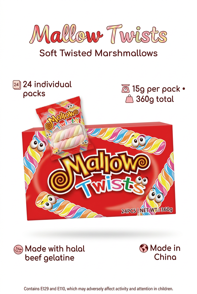 Mallow Twists box and single pack information