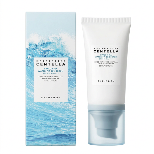 SKIN1004 Hyalu-Cica Water-Fit Sun Serum 50ml tube and box on white background