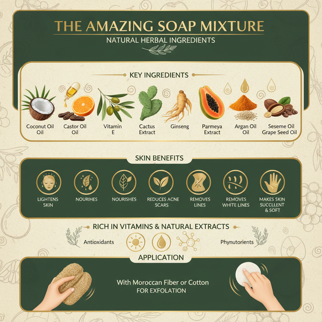 Amazing Soap benefits - 12 natural ingredients for skin lightening infographic