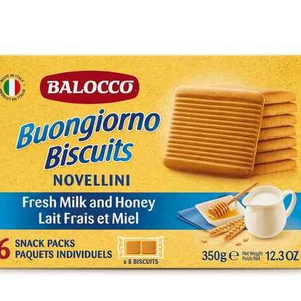 Balocco Buongiorno Novellini Fresh Milk and Honey Biscuits 350 g on white background
