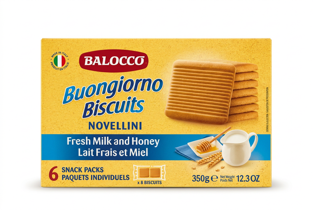 Balocco Buongiorno Novellini Fresh Milk and Honey Biscuits 350 g on white background