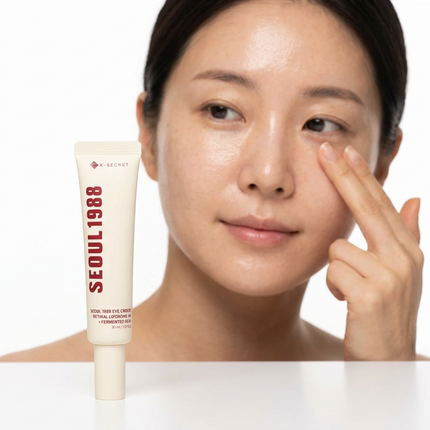 Eye-care lifestyle scene with K-Secret Seoul 1988 eye cream
