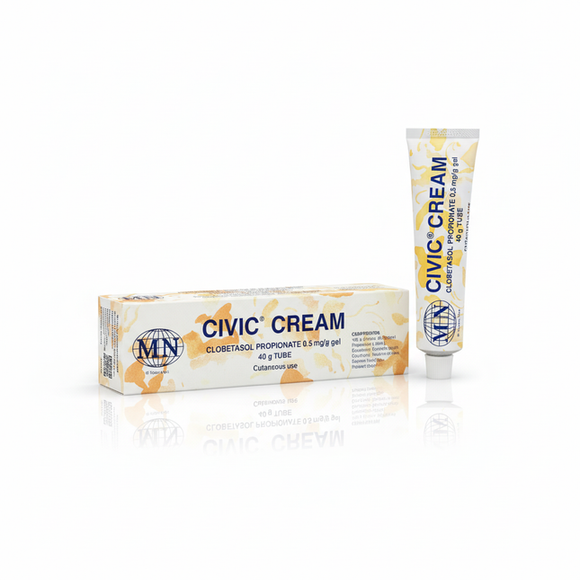 Civic Cream Clobetasol Propionate 40g tube and box on white background