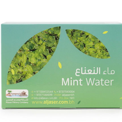 Aljaser Mint Water green leaf-design box on white, styled to match Rose Water pack