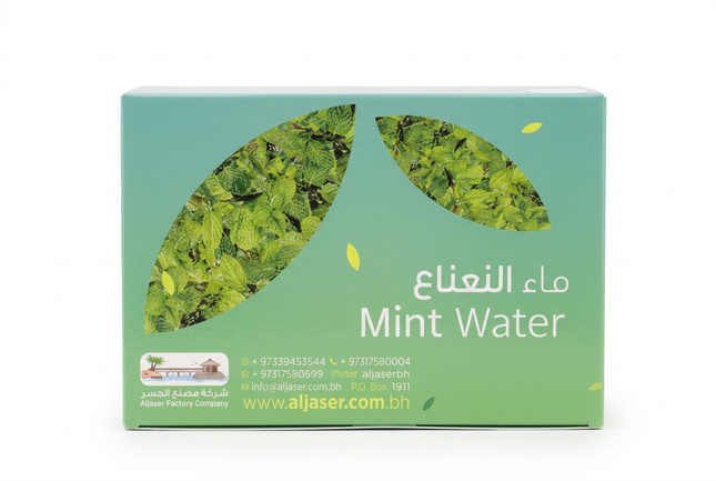Aljaser Mint Water green leaf-design box on white, styled to match Rose Water pack