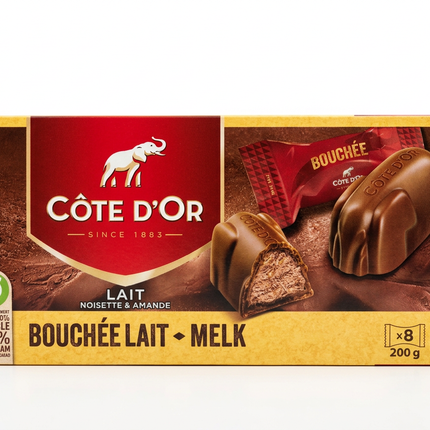 Côte d’Or Bouchée milk chocolates 200 g gold box on white background