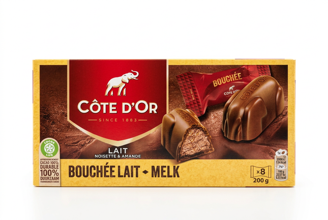Côte d’Or Bouchée milk chocolates 200 g gold box on white background