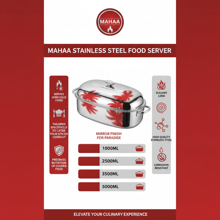 Mahaa Orchid food server sizes infographic - 1L, 2.5L, 3.5L, 5L