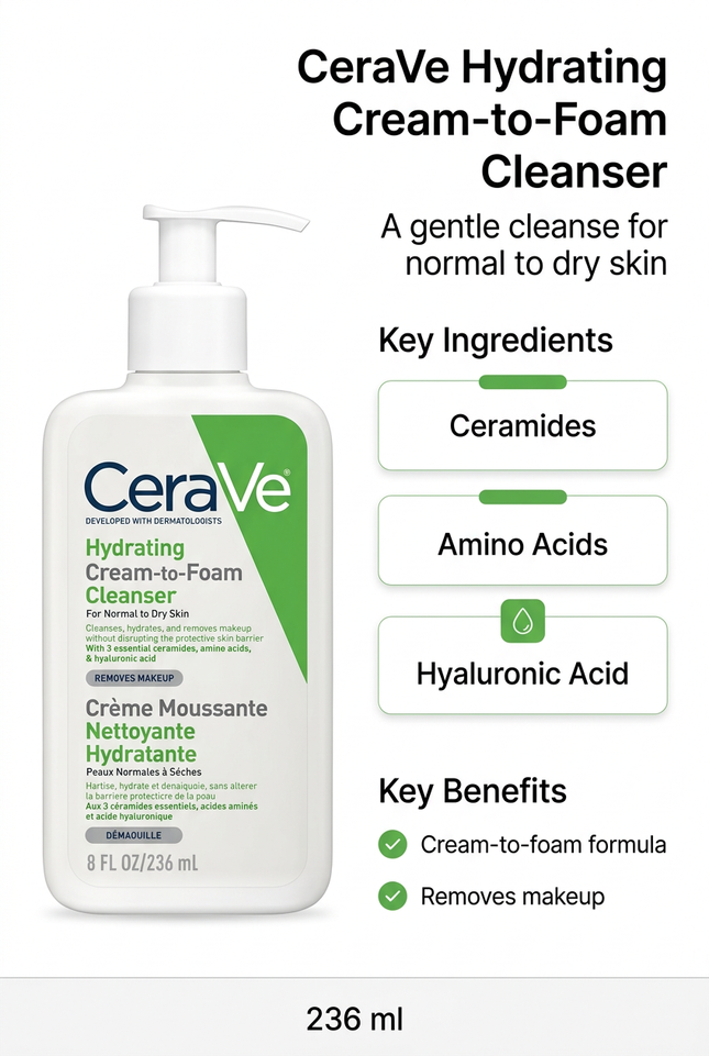 CeraVe Hydrating Cream-to-Foam Cleanser ingredient and benefit guide for normal to dry skin