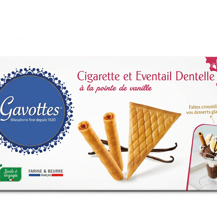 Gavottes vanilla rolled and fan wafers 100g box on white background