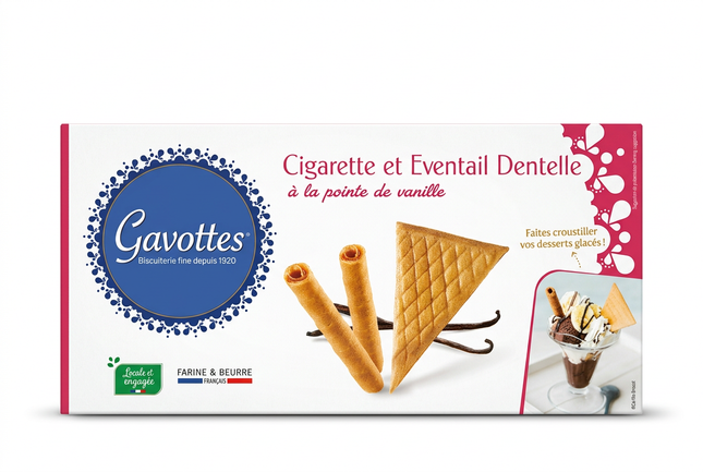 Gavottes vanilla rolled and fan wafers 100g box on white background