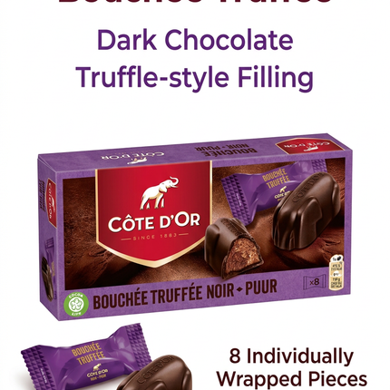 Côte d’Or Bouchée Truffée dark chocolates with truffle-style filling, eight individually wrapped pieces