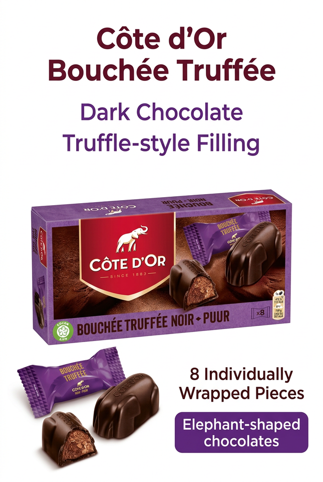 Côte d’Or Bouchée Truffée dark chocolates with truffle-style filling, eight individually wrapped pieces