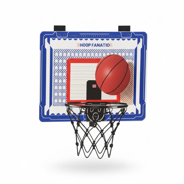 Basketball hoop with blue frame and net