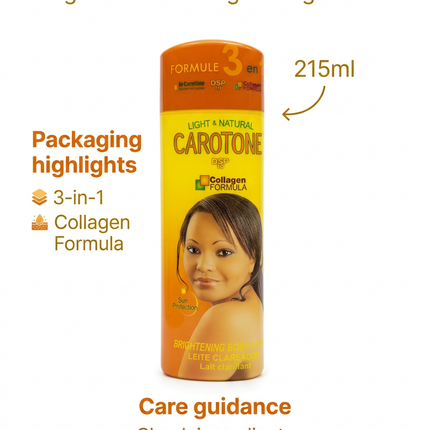 Carotone Brightening Lotion 215ml packaging highlights and care guidance