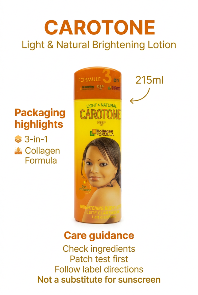 Carotone Brightening Lotion 215ml packaging highlights and care guidance