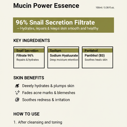 COSRX Advanced Snail 96 Mucin Power Essence branded info graphic