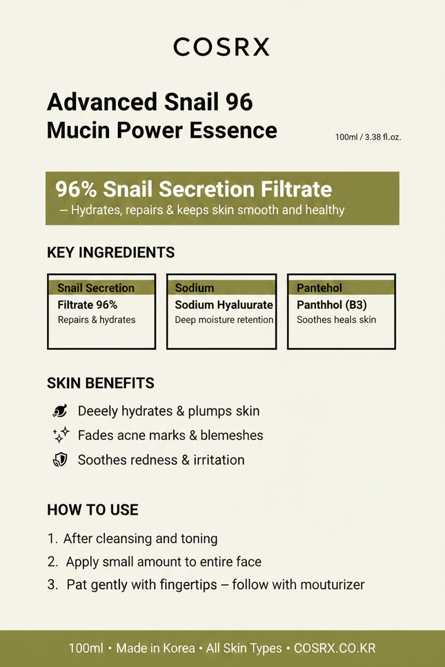 COSRX Advanced Snail 96 Mucin Power Essence branded info graphic
